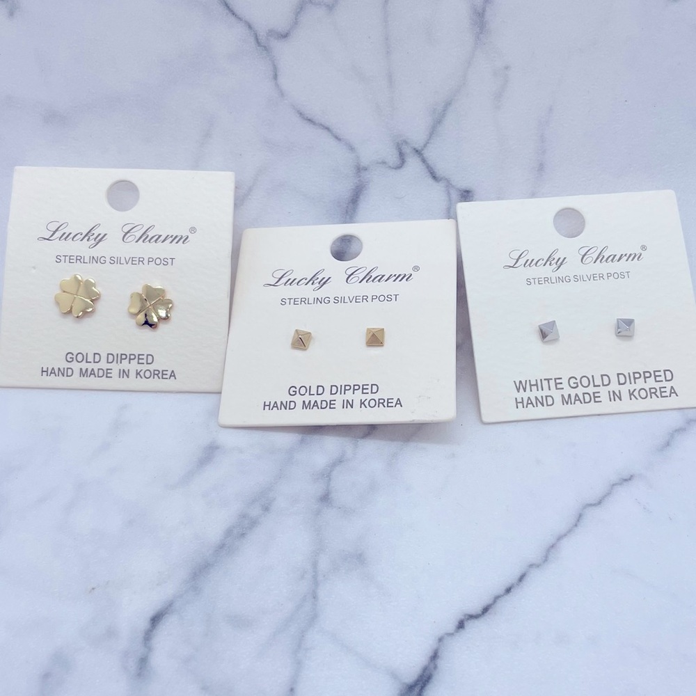 3 Pairs New Lucky Charm Stud Earrings Gold Dipped Sterling Silver Post